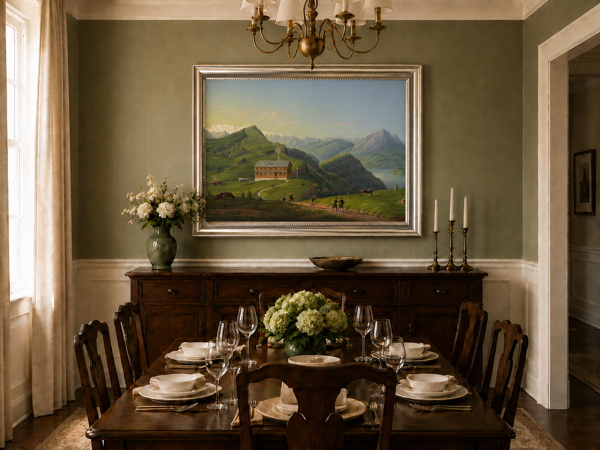 Landscape Oil Painting - Alpine Lodge and Mountain Lake View