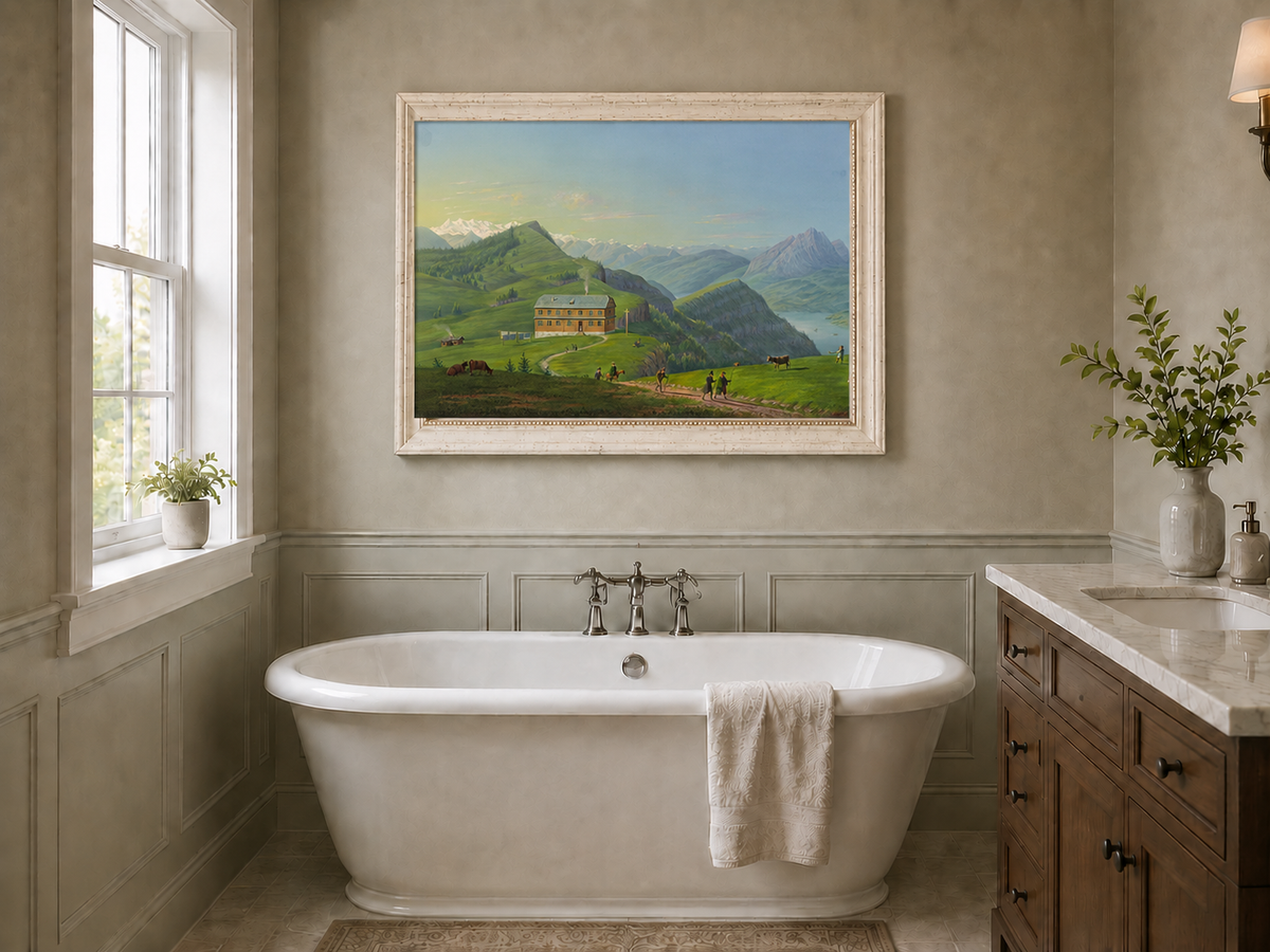 Landscape Oil Painting - Alpine Lodge and Mountain Lake View