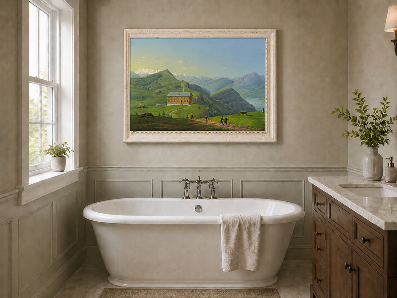 Landscape Oil Painting - Alpine Lodge and Mountain Lake View