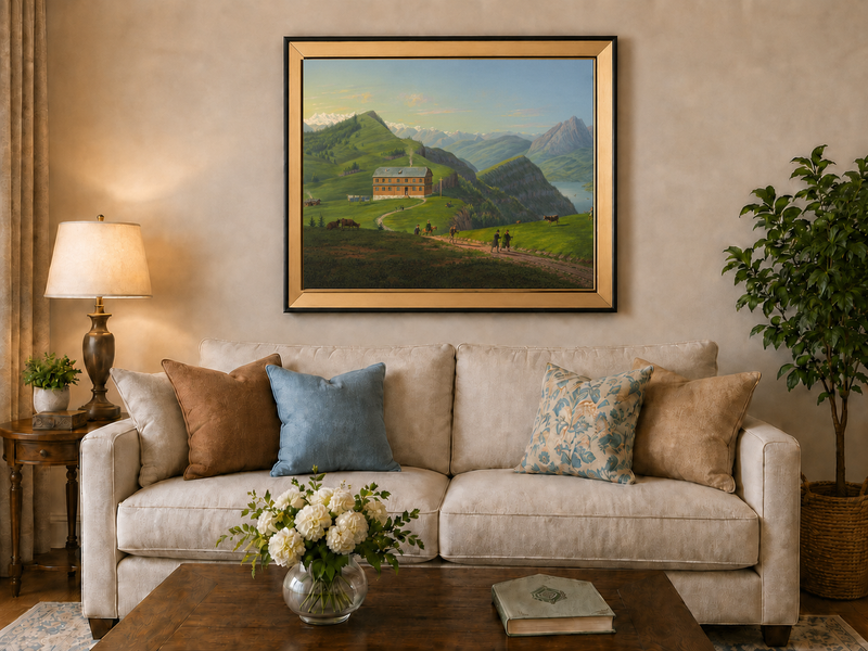 Landscape Oil Painting - Alpine Lodge and Mountain Lake View