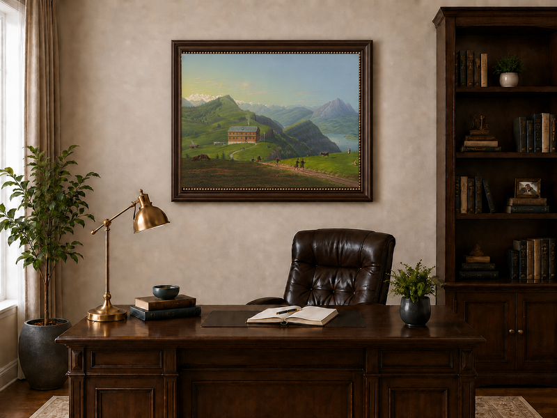 Landscape Oil Painting - Alpine Lodge and Mountain Lake View