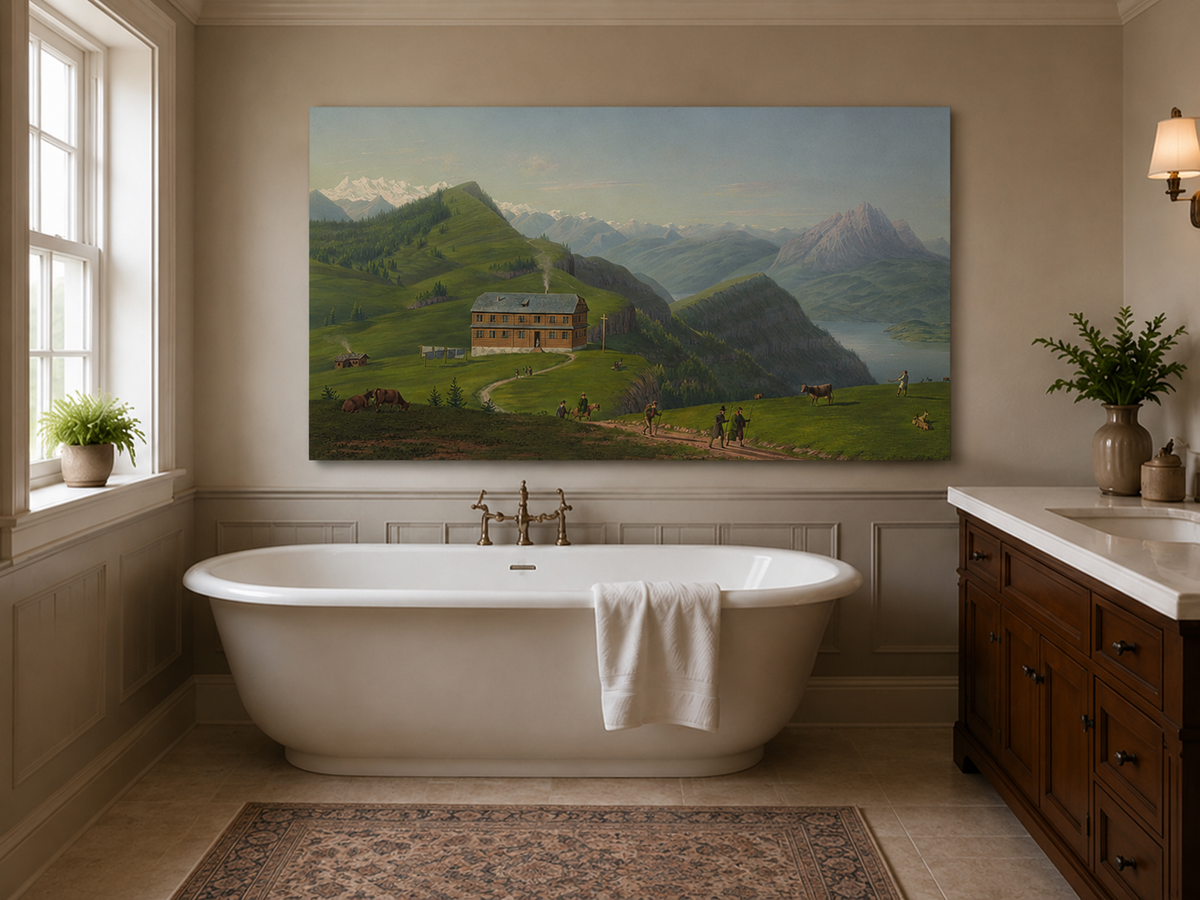 Landscape Oil Painting - Alpine Lodge and Mountain Lake View