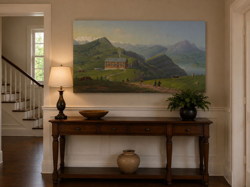 Landscape Oil Painting - Alpine Lodge and Mountain Lake View