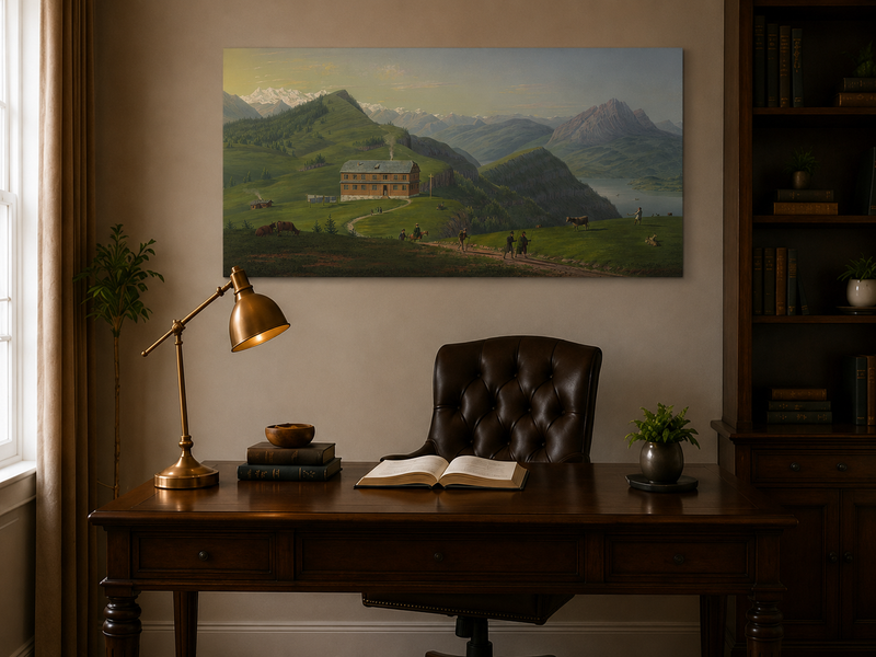 Landscape Oil Painting - Alpine Lodge and Mountain Lake View