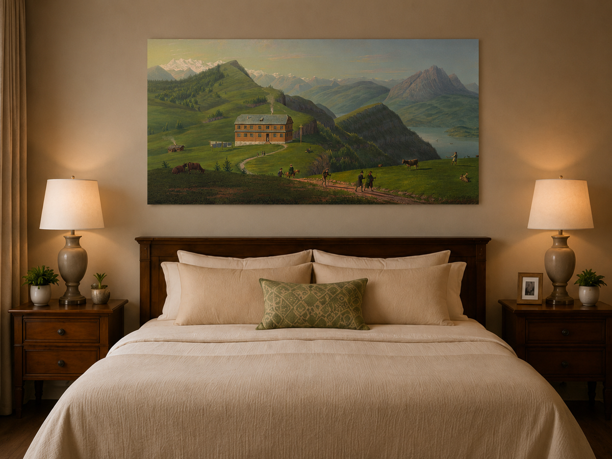 Landscape Oil Painting - Alpine Lodge and Mountain Lake View