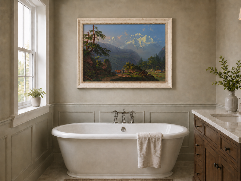 Landscape Oil Painting - Alpine Peaks and Pastoral Valley