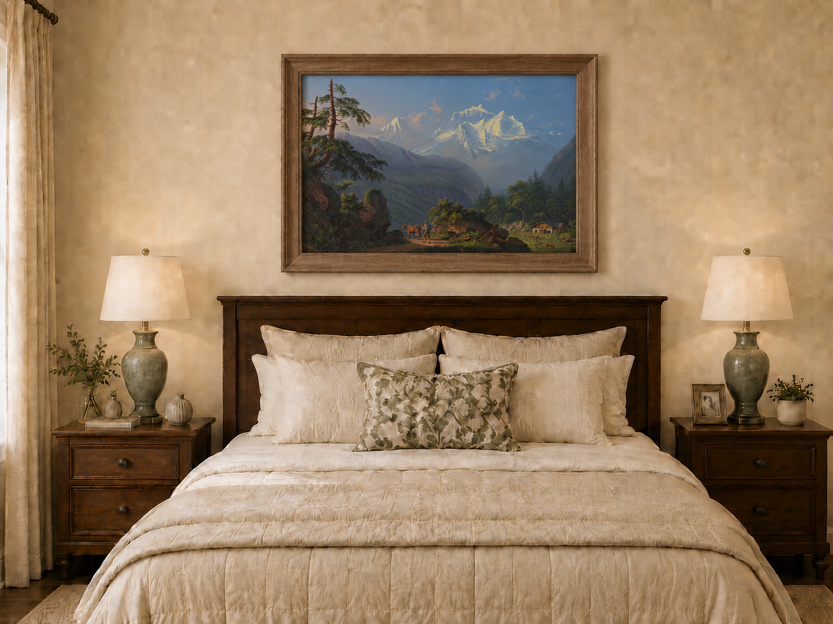 Landscape Oil Painting - Alpine Peaks and Pastoral Valley