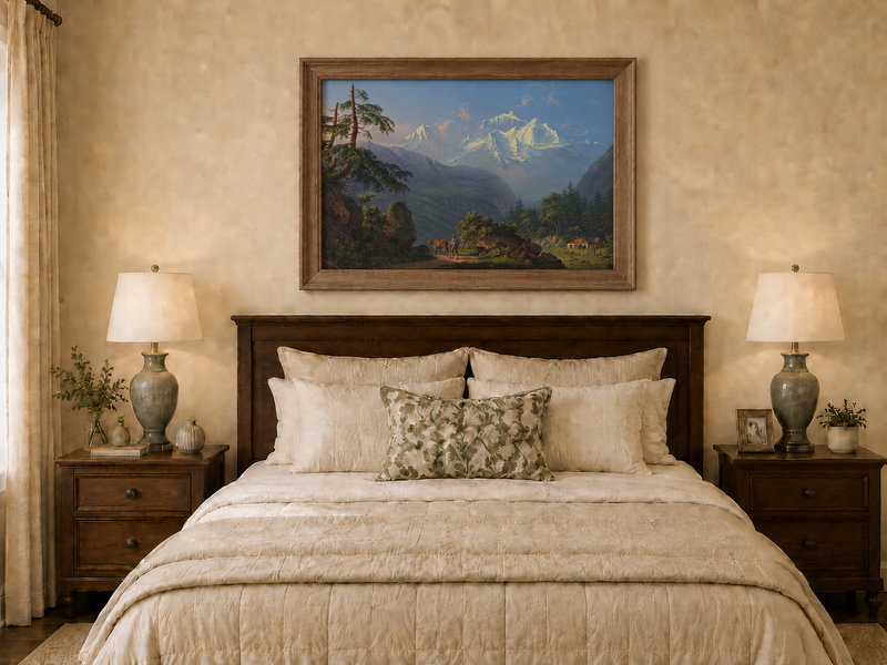 Landscape Oil Painting - Alpine Peaks and Pastoral Valley