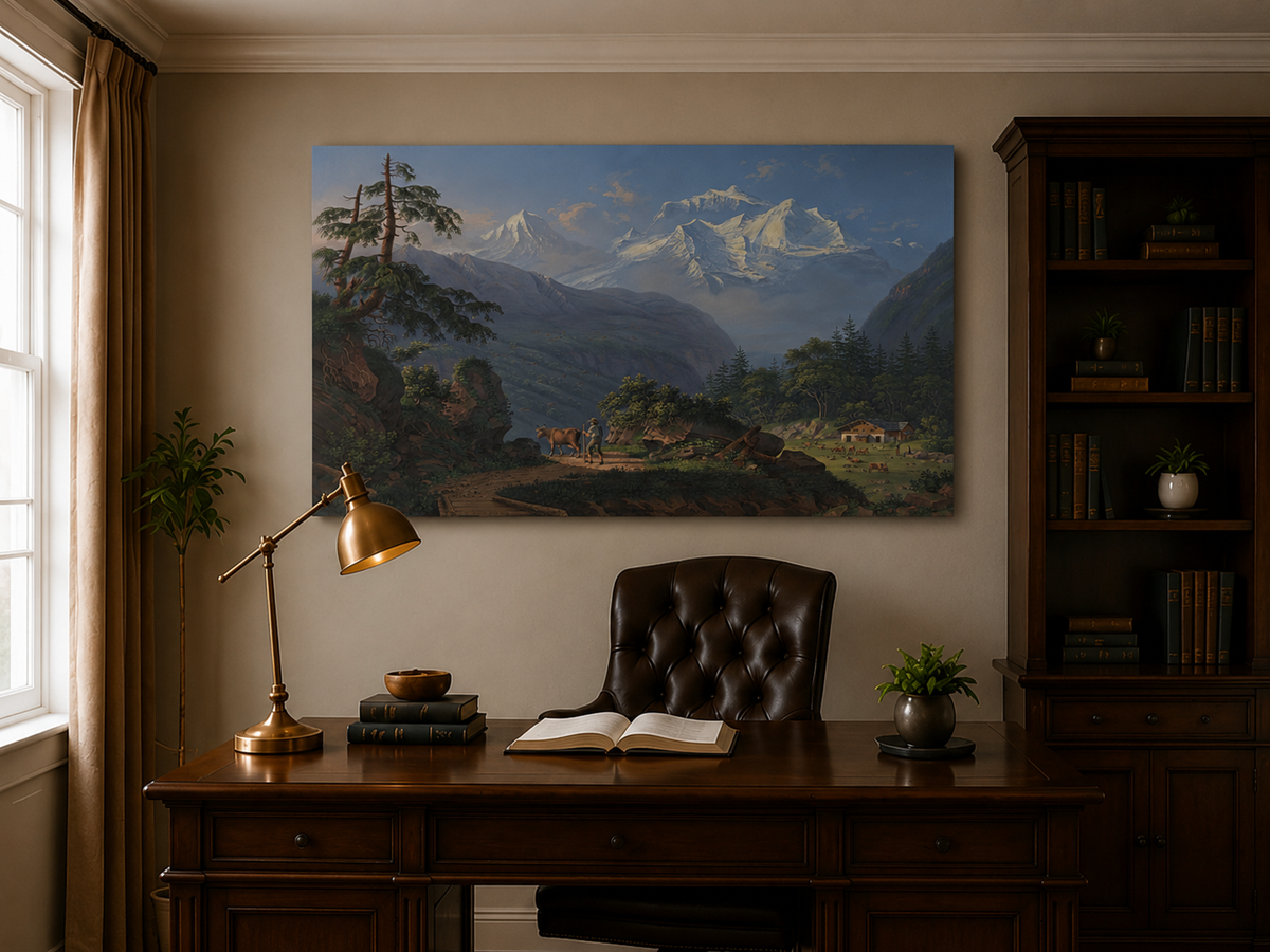 Landscape Oil Painting - Alpine Peaks and Pastoral Valley
