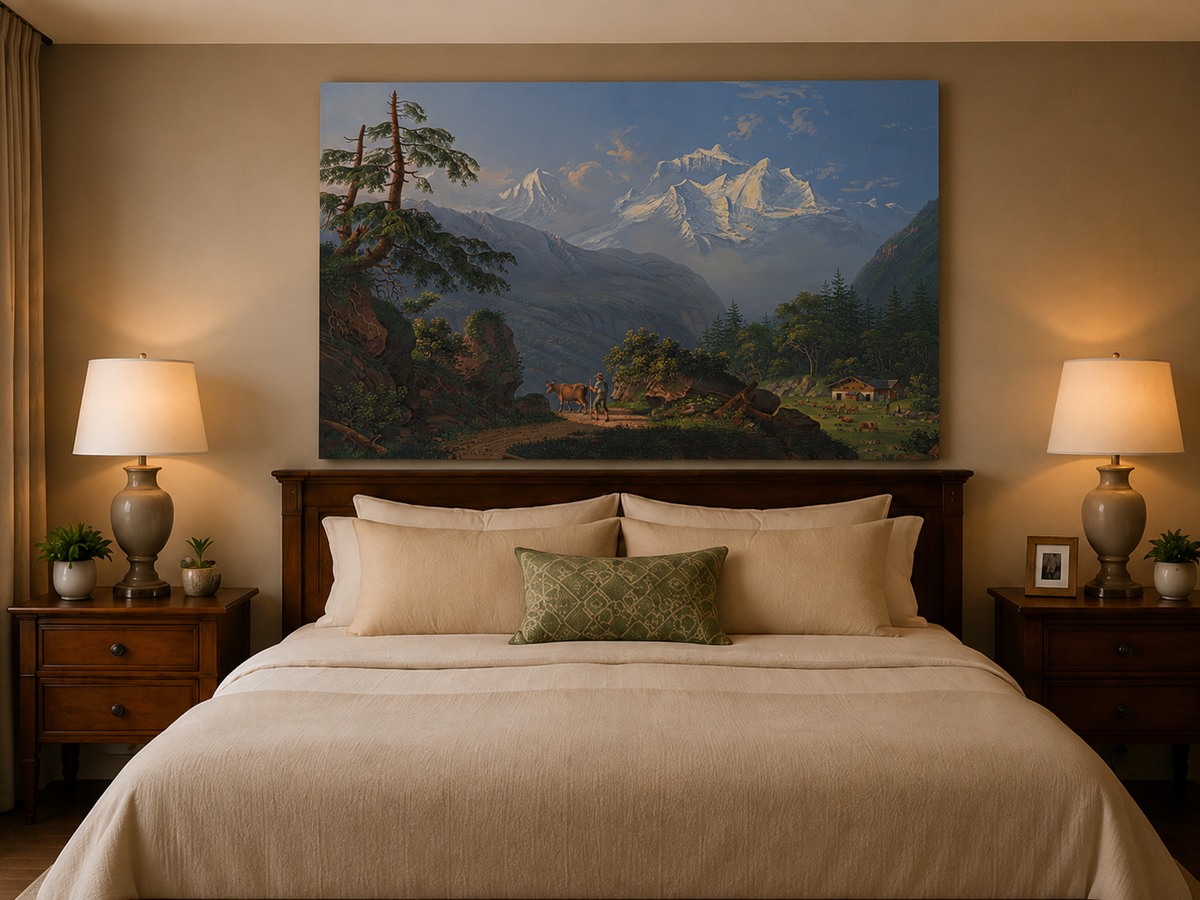 Landscape Oil Painting - Alpine Peaks and Pastoral Valley