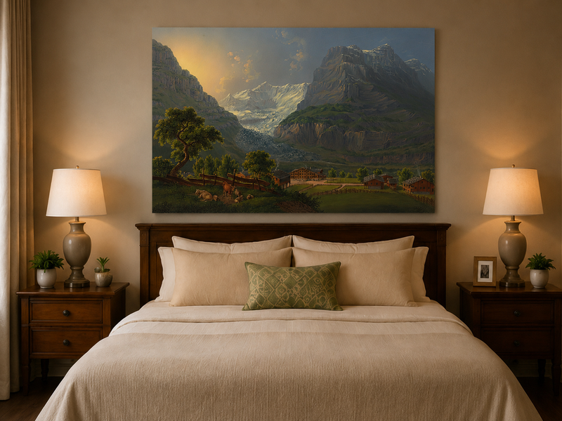 Landschaftsgemälde in Öl – Winterliche Flusslandschaft mit Figuren und Pferden