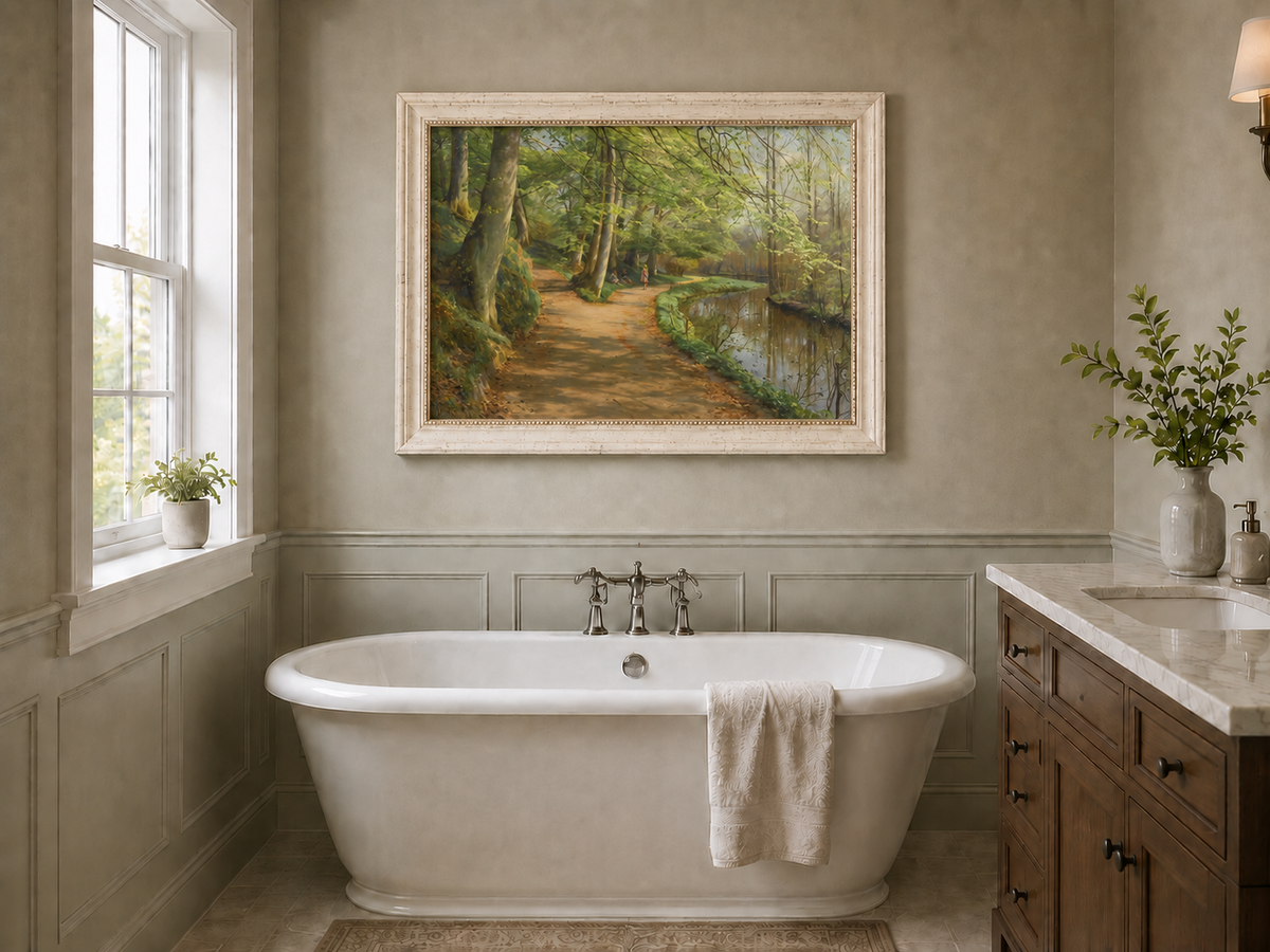 Landscape Oil Painting - Forest Path by River with Figures