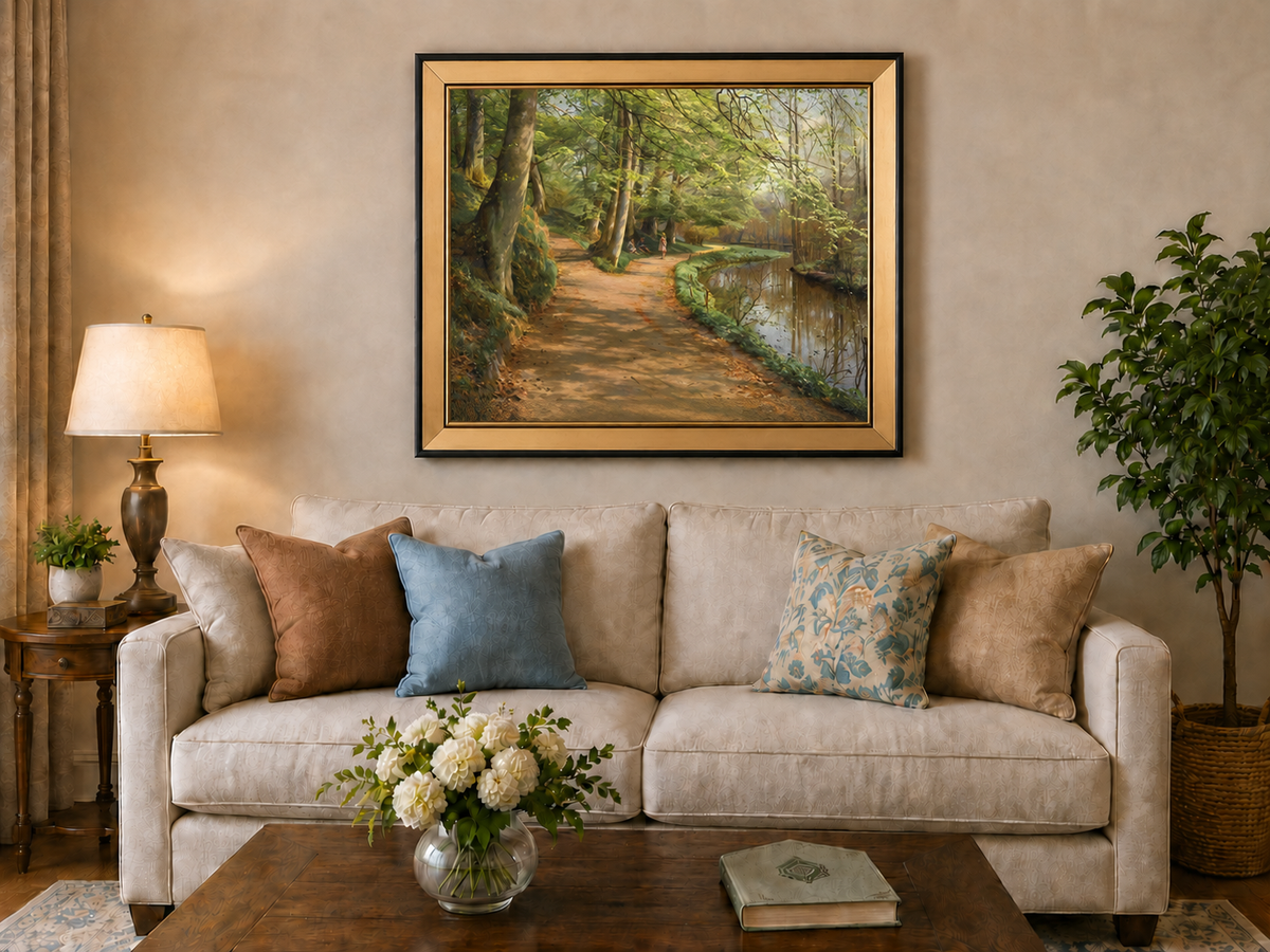 Landscape Oil Painting - Forest Path by River with Figures