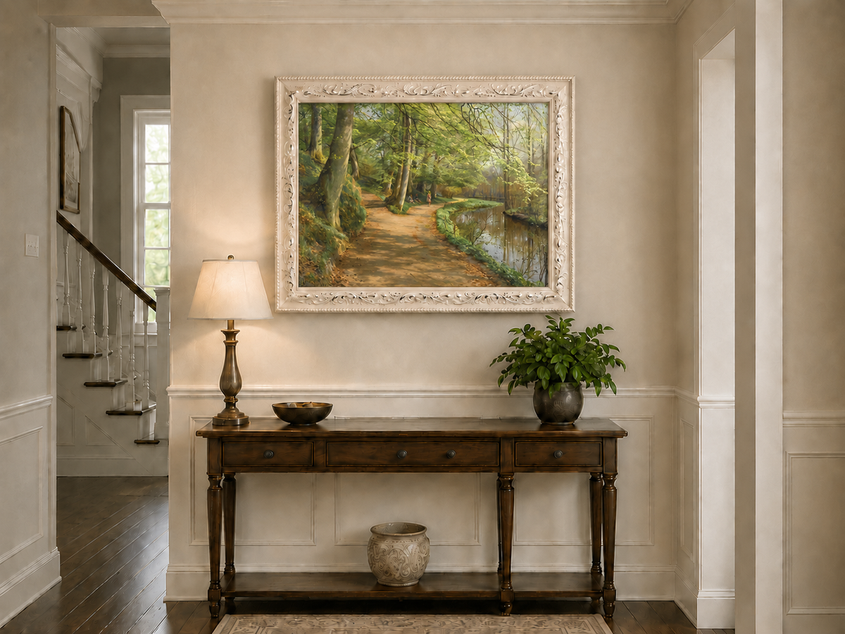 Landscape Oil Painting - Forest Path by River with Figures