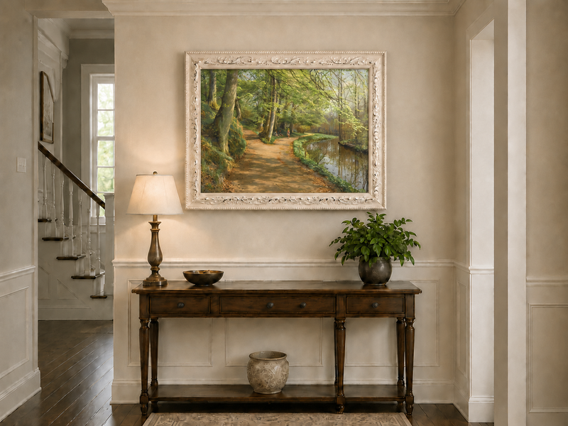 Landscape Oil Painting - Forest Path by River with Figures