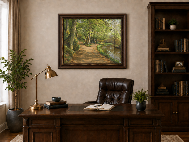 Landscape Oil Painting - Forest Path by River with Figures