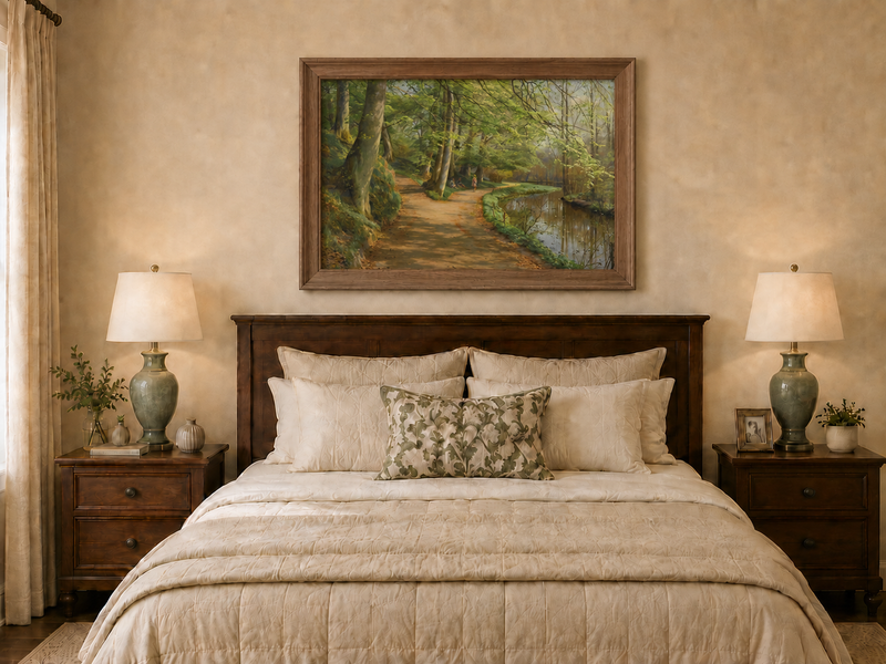 Landscape Oil Painting - Forest Path by River with Figures