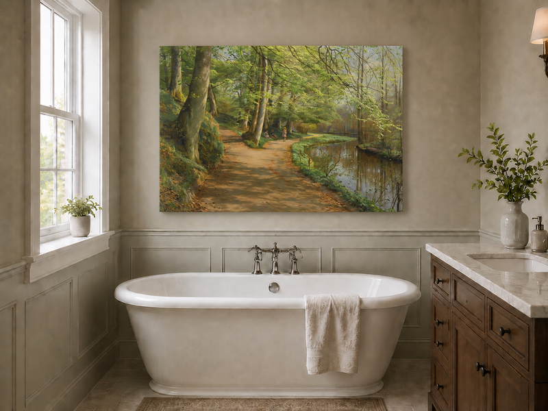 Landscape Oil Painting - Forest Path by River with Figures