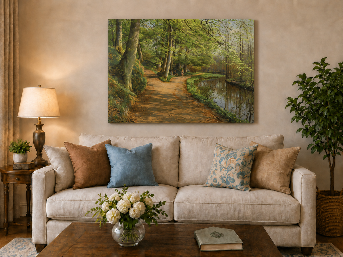 Landscape Oil Painting - Forest Path by River with Figures