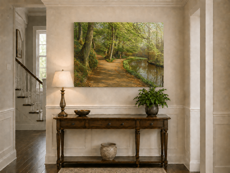 Landscape Oil Painting - Forest Path by River with Figures