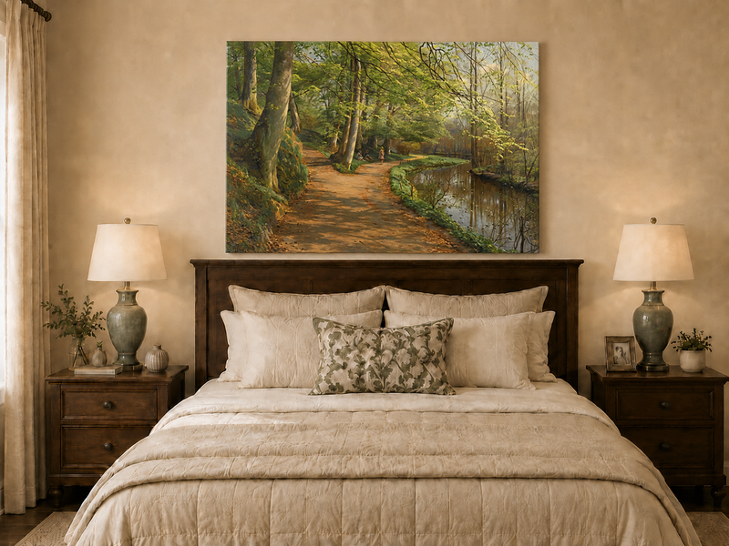 Landscape Oil Painting - Forest Path by River with Figures