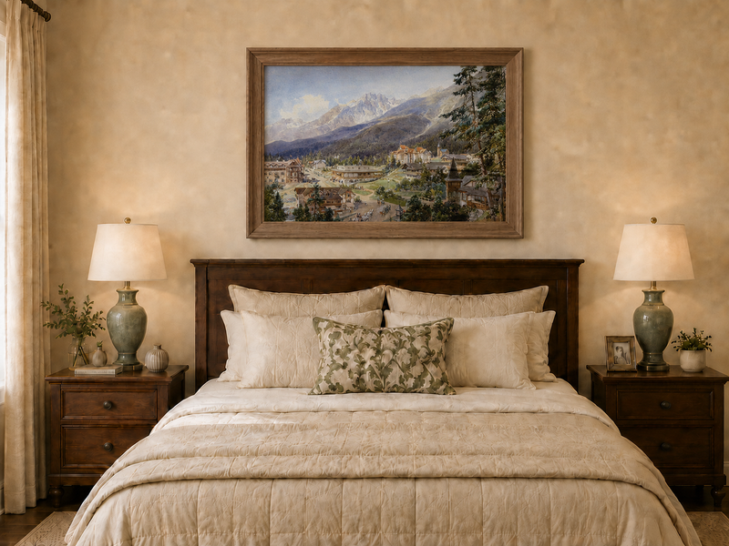 Landscape Oil Painting - Alpine Village and Mountain View