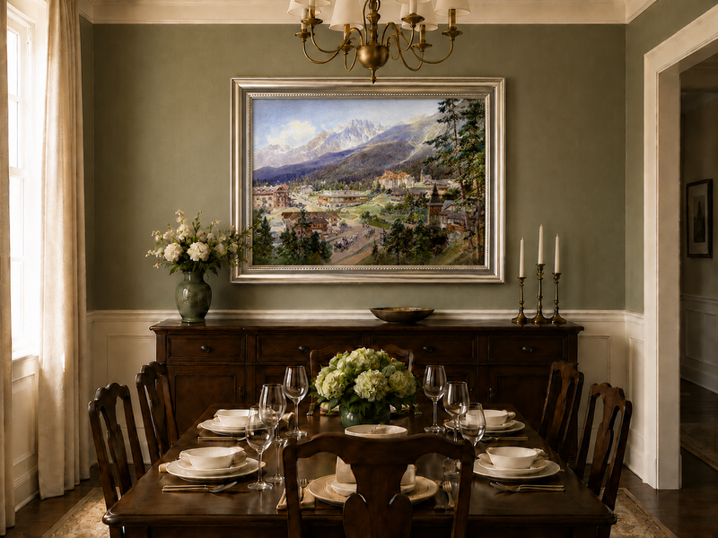 Landscape Oil Painting - Alpine Village and Mountain View
