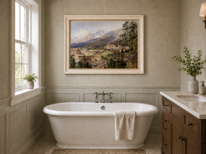 Landscape Oil Painting - Alpine Village and Mountain View