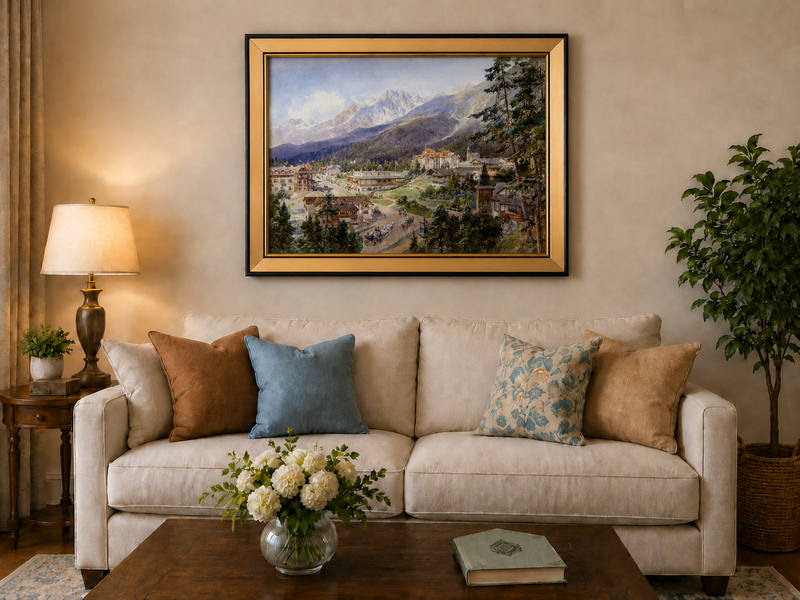 Landscape Oil Painting - Alpine Village and Mountain View