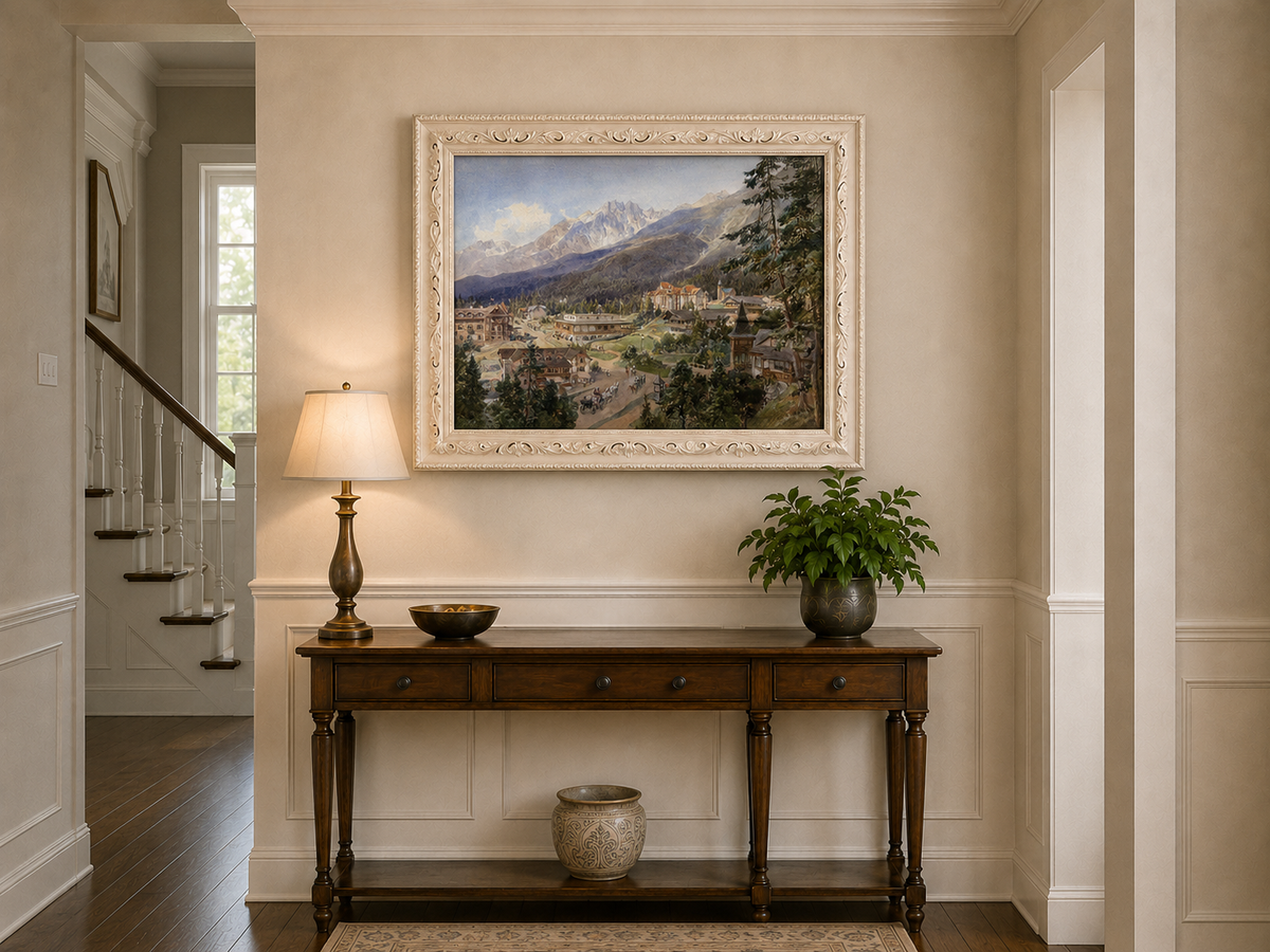 Landscape Oil Painting - Alpine Village and Mountain View