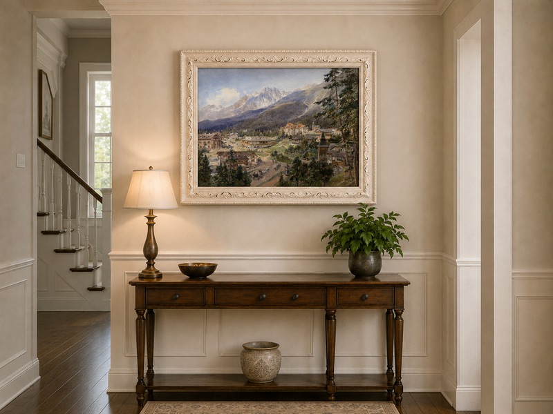 Landscape Oil Painting - Alpine Village and Mountain View