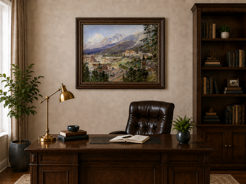 Landscape Oil Painting - Alpine Village and Mountain View
