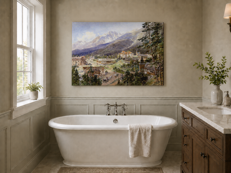 Landscape Oil Painting - Alpine Village and Mountain View