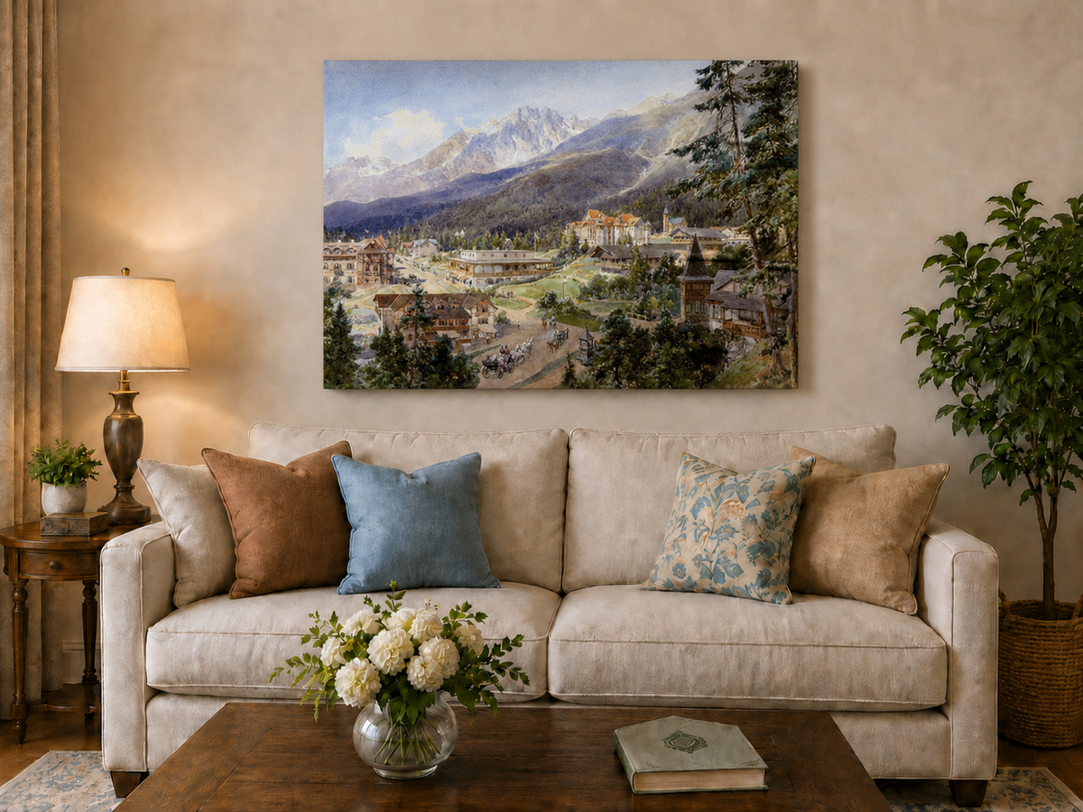 Landscape Oil Painting - Alpine Village and Mountain View