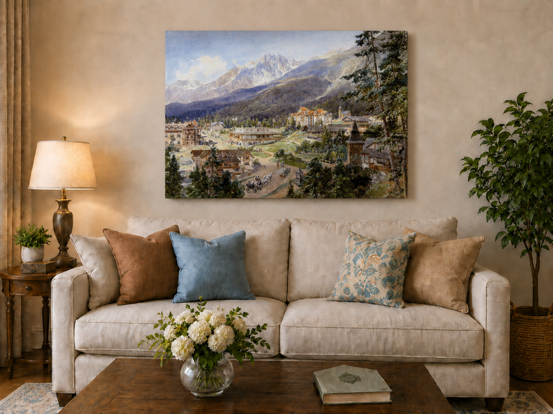 Landscape Oil Painting - Alpine Village and Mountain View