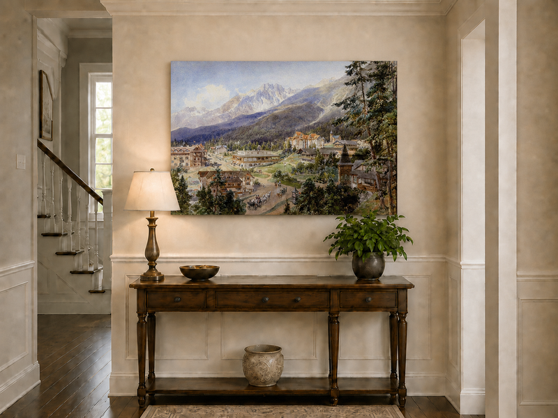 Landscape Oil Painting - Alpine Village and Mountain View