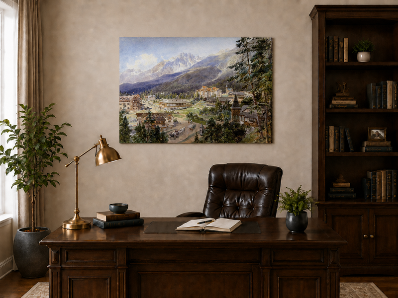 Landscape Oil Painting - Alpine Village and Mountain View