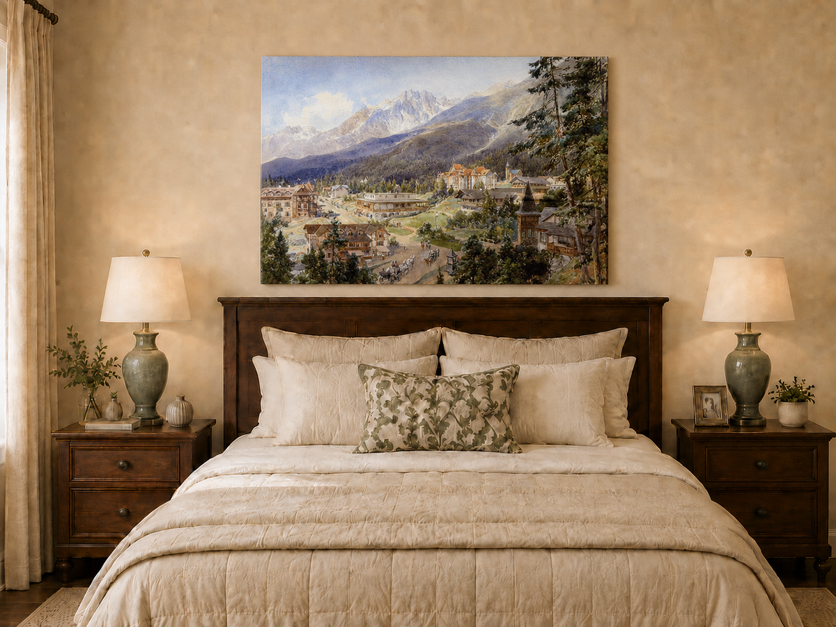 Landscape Oil Painting - Alpine Village and Mountain View
