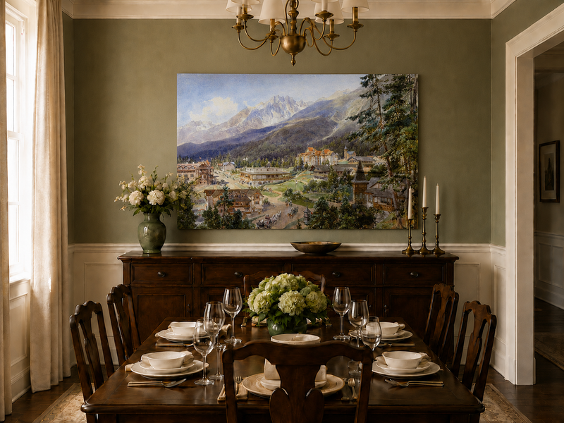 Landscape Oil Painting - Alpine Village and Mountain View