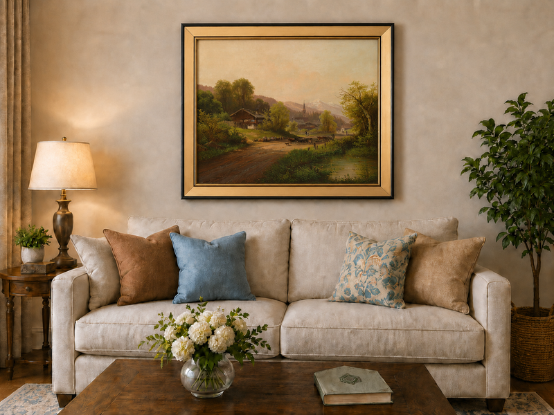 Landscape Oil Painting - Village with Cattle, Figures & Mountains