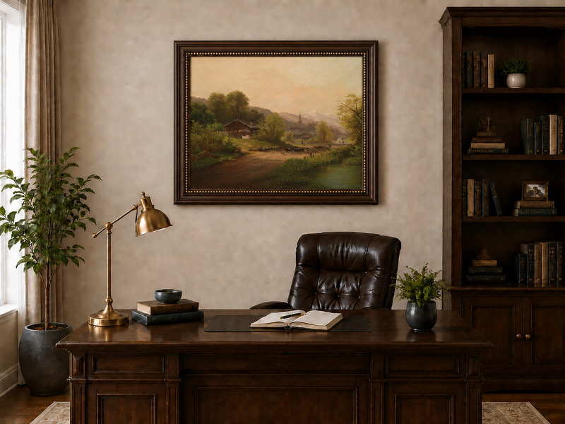 Landscape Oil Painting - Village with Cattle, Figures & Mountains