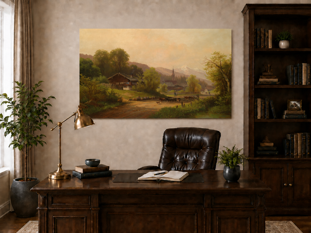 Landscape Oil Painting - Village with Cattle, Figures & Mountains