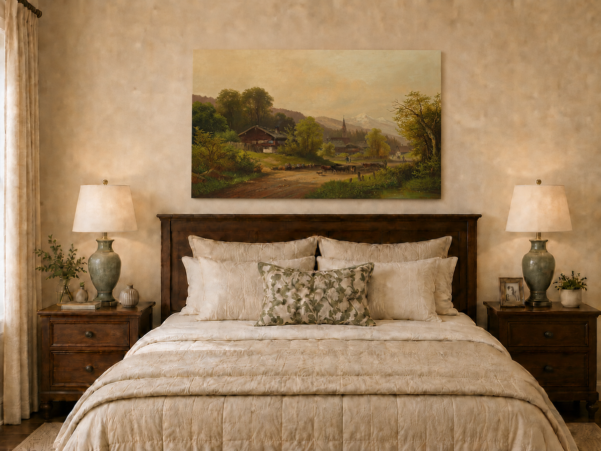 Landscape Oil Painting - Village with Cattle, Figures & Mountains