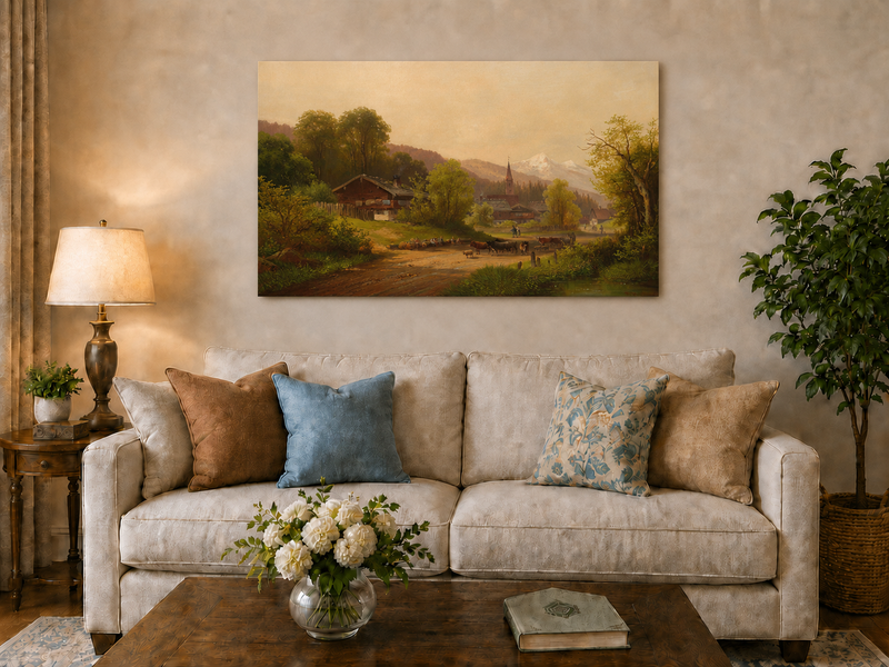 Landscape Oil Painting - Village with Cattle, Figures & Mountains