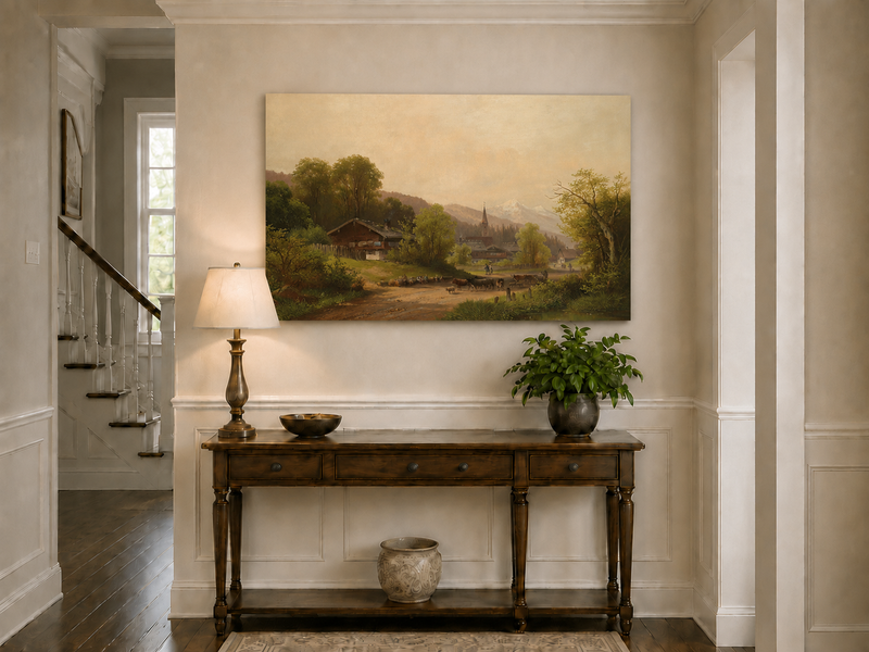 Landscape Oil Painting - Village with Cattle, Figures & Mountains