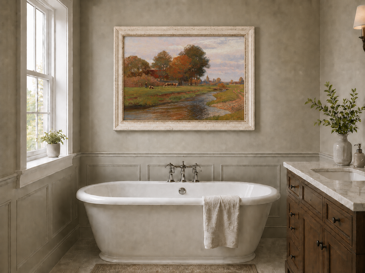 Landscape Oil Painting - Autumn Creek and Pastoral Meadow