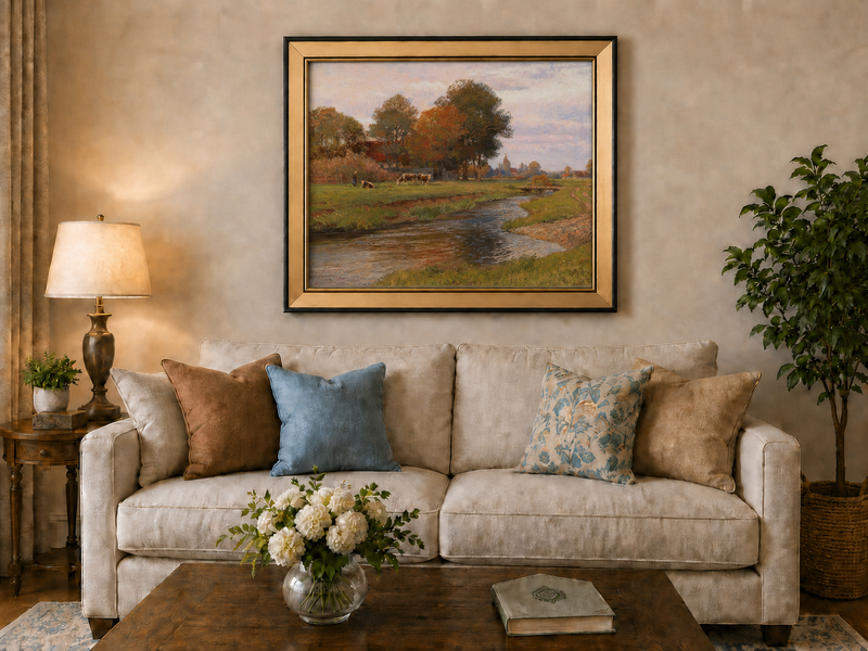Landscape Oil Painting - Autumn Creek and Pastoral Meadow