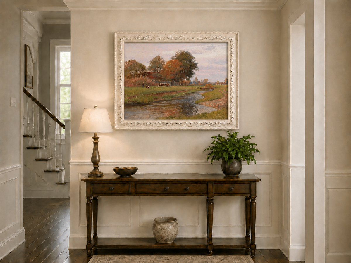 Landscape Oil Painting - Autumn Creek and Pastoral Meadow