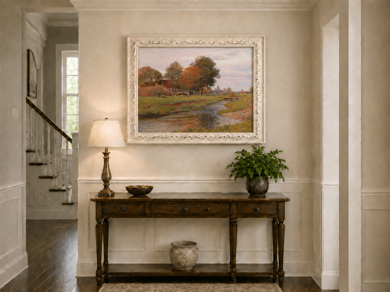 Landscape Oil Painting - Autumn Creek and Pastoral Meadow