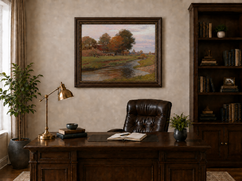 Landscape Oil Painting - Autumn Creek and Pastoral Meadow